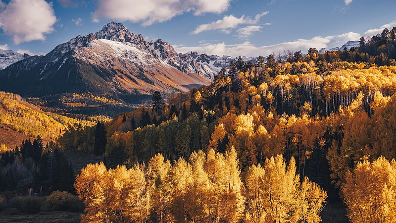 Colorado in Autumn Attire, fall, clouds, trees, colors, landscape, sky, mountains, rocks, usa, HD wallpaper