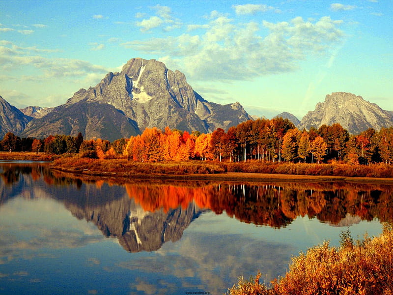 Bow Bend, Snake River, autumn, water, mountains, mirror, reflection, landscape, HD wallpaper