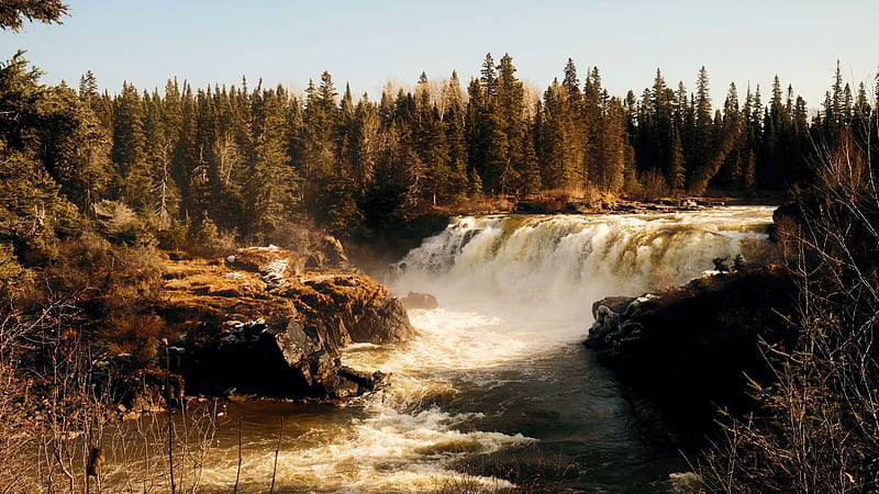 Pisew Falls, Manitoba, river, autumn, landscape, trees, rocks, canada, forest, HD wallpaper