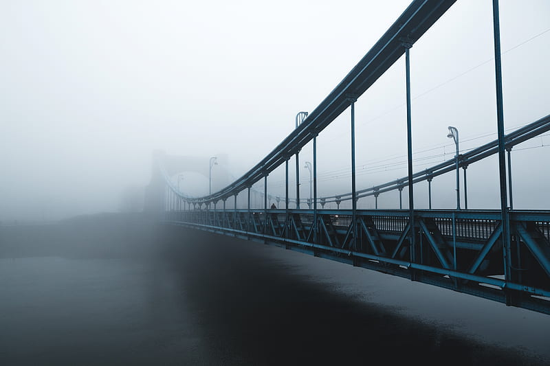 Bridge in fog, bridge, abstract, modern, graphy, U, monochrome, fog, HD wallpaper