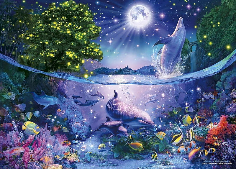 Moonlight, sea, christian riese lassen, art, exotic, moon, fish, dolphin, moon, fantasy, water, summer, night, blue, HD wallpaper
