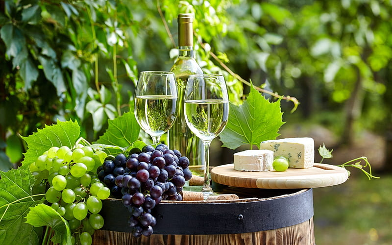 Wine Still Life, grapes, vine, cheese, wine, barrel, HD wallpaper