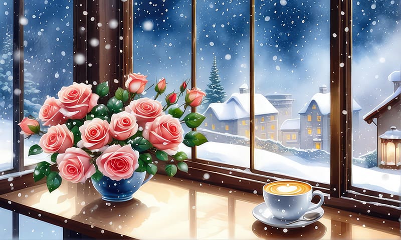 Snow falling outside, cup, roses, town, window, snow, room, home, flowers, view, scent, art, houses, vase, house, winter, coffee, beautiful, fragrance, morning, bouquet, still life, afternoon, e, serenity, snowfall, coffee time, peaceful, HD wallpaper