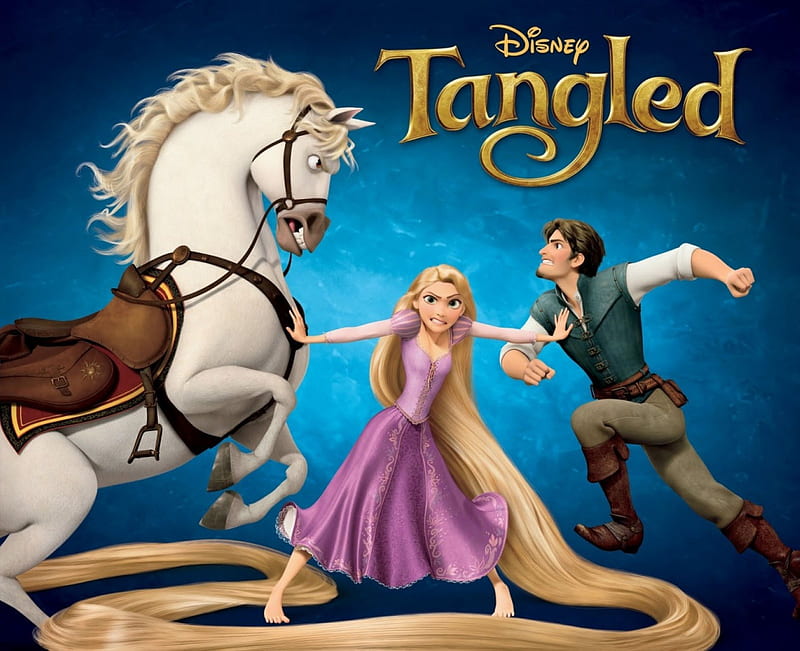 Tangled (2010), poster, rapunzel, flynn rider, movie, max, fantasy, funny, tangled, white, princess, couple, disney, blue, HD wallpaper