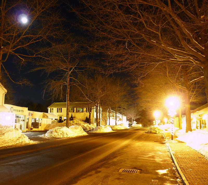 Moon Lit Night, light, road, snow, HD wallpaper