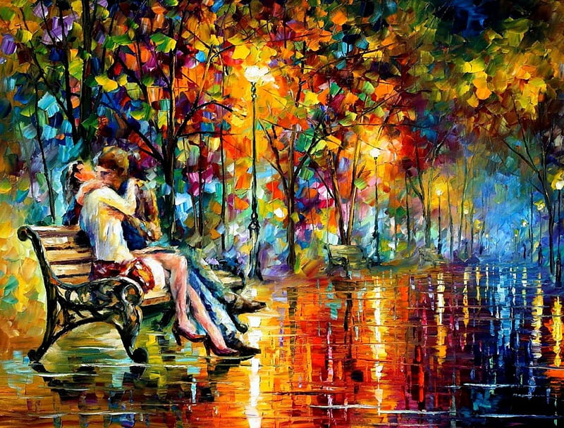 Passion Evening , art, romance, bonito, abstract, illustration, kiss, artwork, painting, wide screen, passion, scenery, couple, HD wallpaper