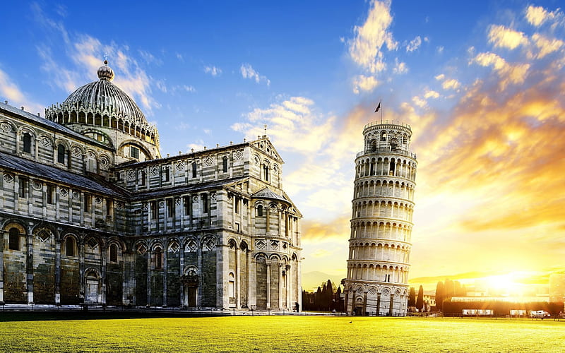 Leaning Tower of Pisa, sunset, evening, Pisa, Italy, Pisa Cathedral, sights, bell tower, summer, tourism, HD wallpaper