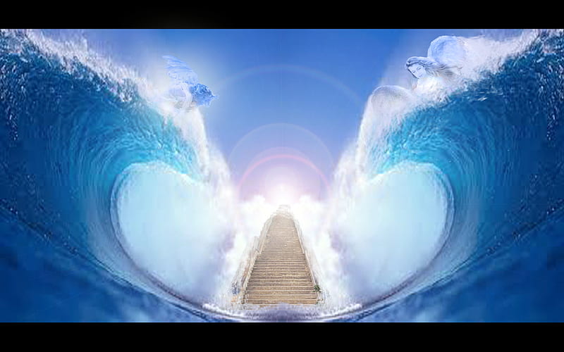 Stairway to heaven, to, heaven, stairway, waves, angels, steps, HD wallpaper