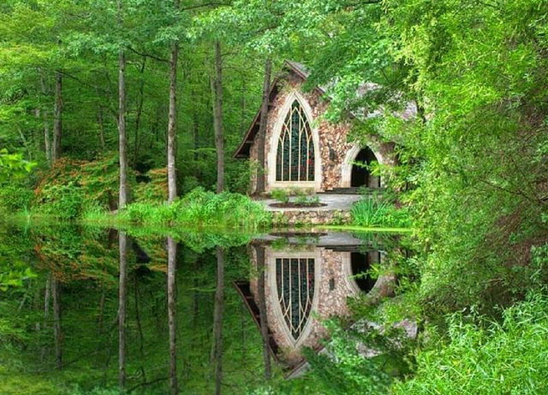 Charming Church Nestled in the Woods, nature, reflection, church, lake, HD wallpaper
