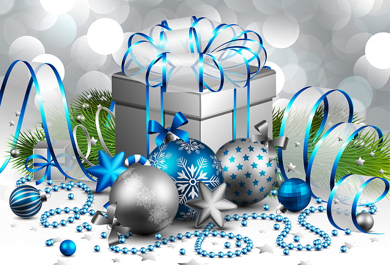 Merry Christmas, pretty, colorful, box, bonito, magic, silver, branch, xmas, nice, green, magic christmas, gris, beauty, pearls, star, blue, stars, lovely, holiday, christmas, ribbon, decoration, colors, gift, winter, cool, balls, gifts, HD wallpaper