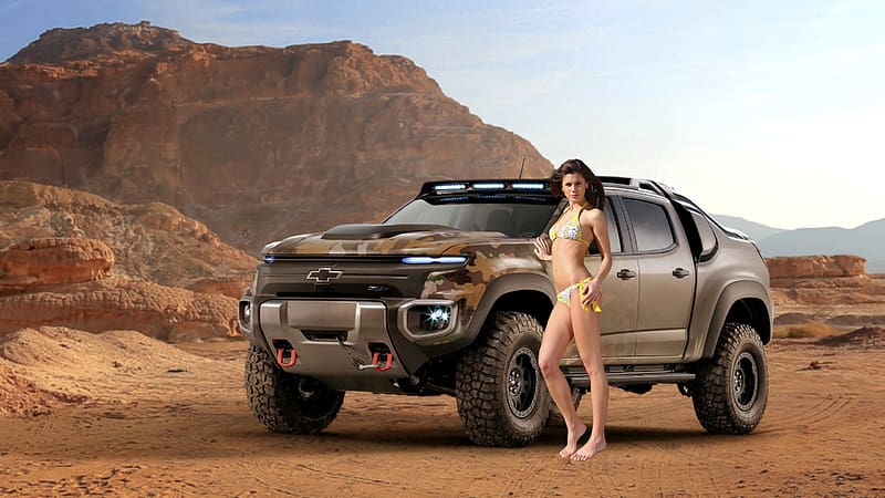 Bikini Model Caprice, desert, brunette, bikini, model, truck, HD wallpaper
