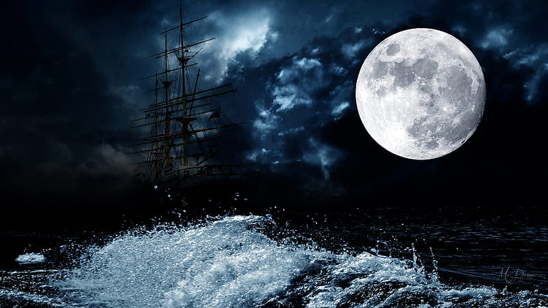Ship at Sea, full moon, ocean, tall ship, waves, storm, sailing ship, sea, blue, HD wallpaper
