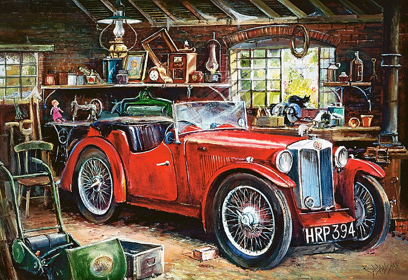 Vintage Garage, artwork, old, workshop, car, painting, HD wallpaper