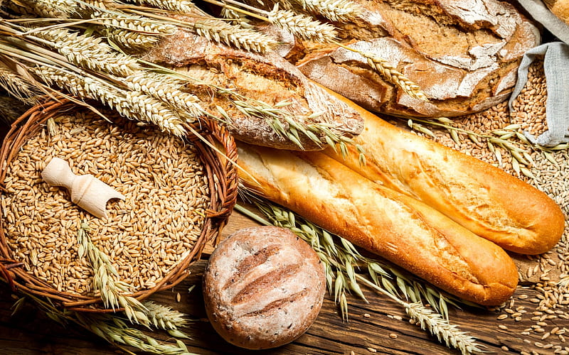 bread, wheat, bakery products, wheat grains, autumn, harvest, HD wallpaper