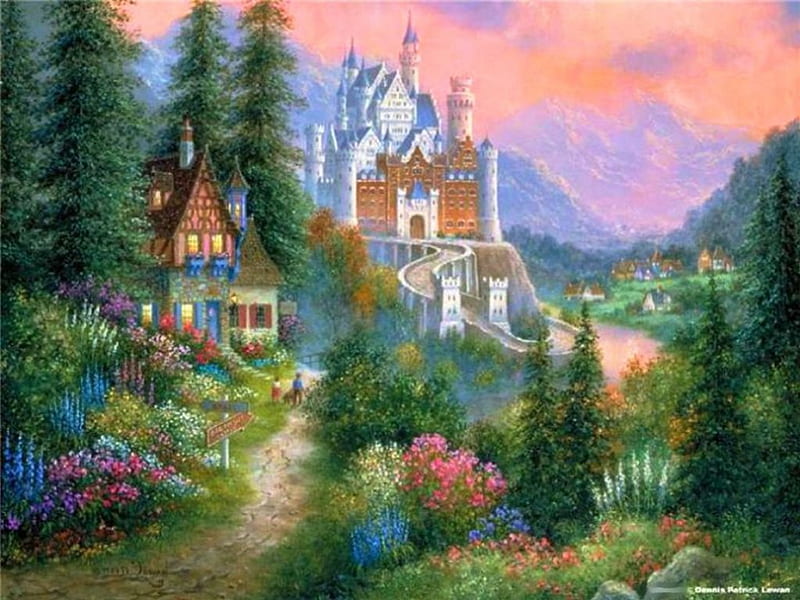 Fairytale Castle, cottage, mountains, painting, path, sky, artwork, firs, HD wallpaper
