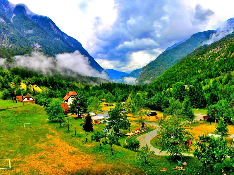 Paradise Village, green, mountains, village, nature, trees, clouds, HD  wallpaper | Peakpx