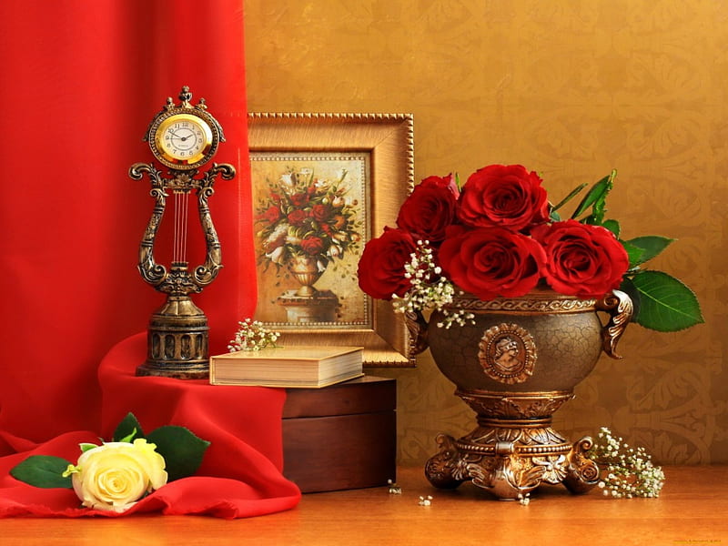Still life, red, book, yellow, vase, bonito, leaves, nice, flowers, room, tender, art, quiet, lovely, fresh, clock, delicate, roses, bouquet, prett, petals, HD wallpaper