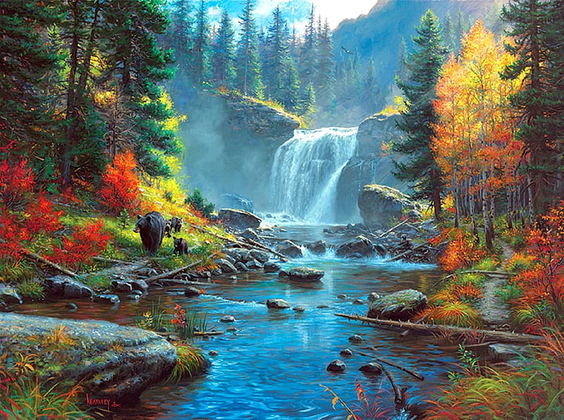 Harmony, family, love four seasons, attractions in dreams, waterfalls, paintings, mountains, summer, forests, bears, nature, streams, HD wallpaper