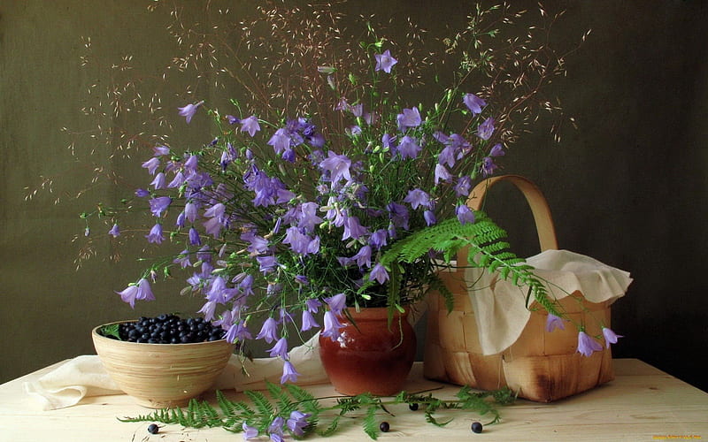 Blueberries and Flowers Still Life, life, still, vase, blueberries, abstract, fruit, purple, basket, flowers, bowl, HD wallpaper