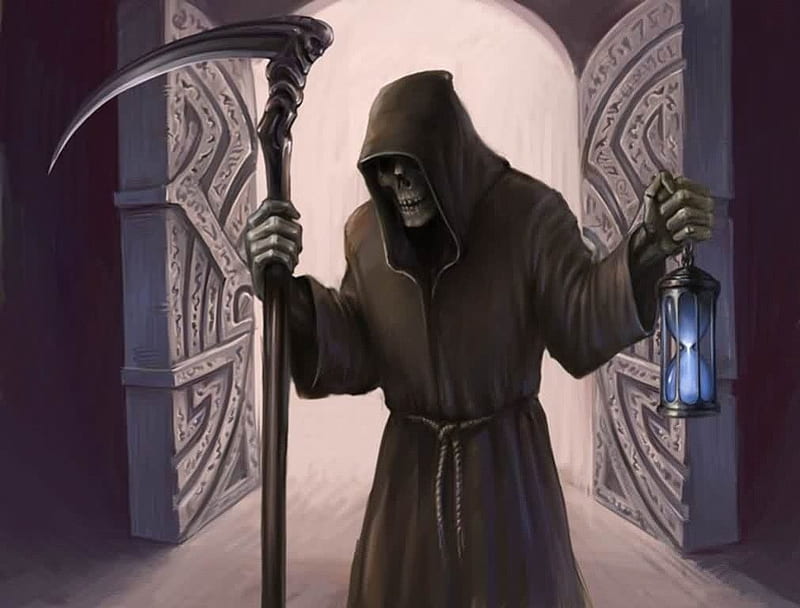 Come On In, skeleton, death, lantern, doors, sickle, grim reaper, robe, reaper, skull, hooded, HD wallpaper