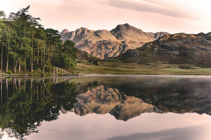 mountains, lake, peaks, reflection, sky, HD wallpaper