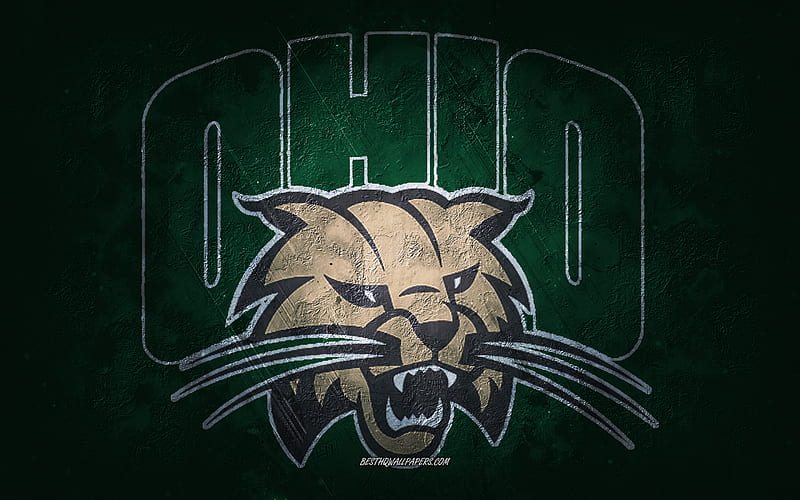 Ohio Bobcats, American football team, green background, Ohio Bobcats logo, grunge art, NCAA, American football, USA, Ohio Bobcats emblem, HD wallpaper