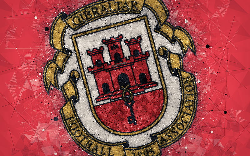 Gibraltar national football team geometric art, logo, red abstract background, UEFA, emblem, Gibraltar, football, grunge style, creative art, HD wallpaper