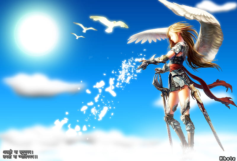 angel warrior, armor, daylight2, warrior, angel, heaven, clouds, sky, HD wallpaper