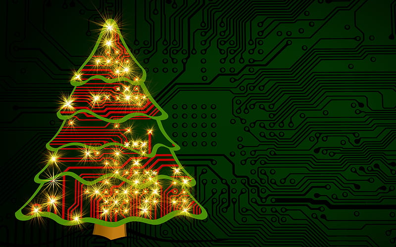 New Year, Christmas tree, green printed-circuit board, digital technology, creative art, HD wallpaper
