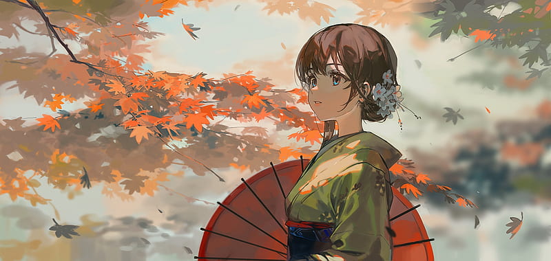 kimono, profile view, pretty anime girl, sky, scenery, Anime, HD wallpaper