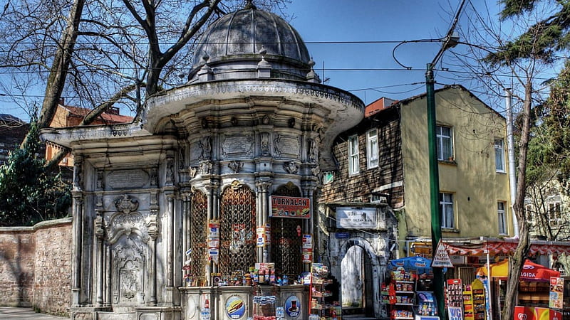 kiosk in istanbul r, shop, city, kiosk, dome, r, electric lines, HD wallpaper