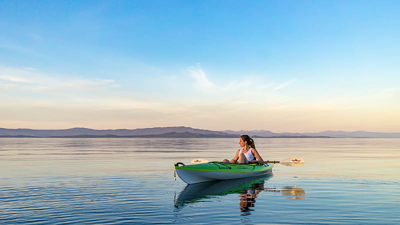 woman on green and white kayak holding yellow oar under white clouds and blue sky, HD wallpaper