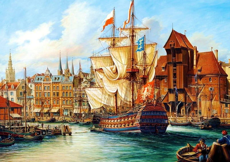 Old Gdansk, buildings, sailship, baltic ses, artwork, boat, city, painting, warship, harbor, vintage, HD wallpaper
