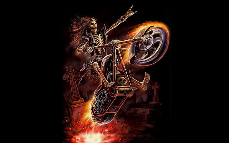 Hell Rider, bones, motorcycle, halloween, art, skeleton, digital, HD wallpaper