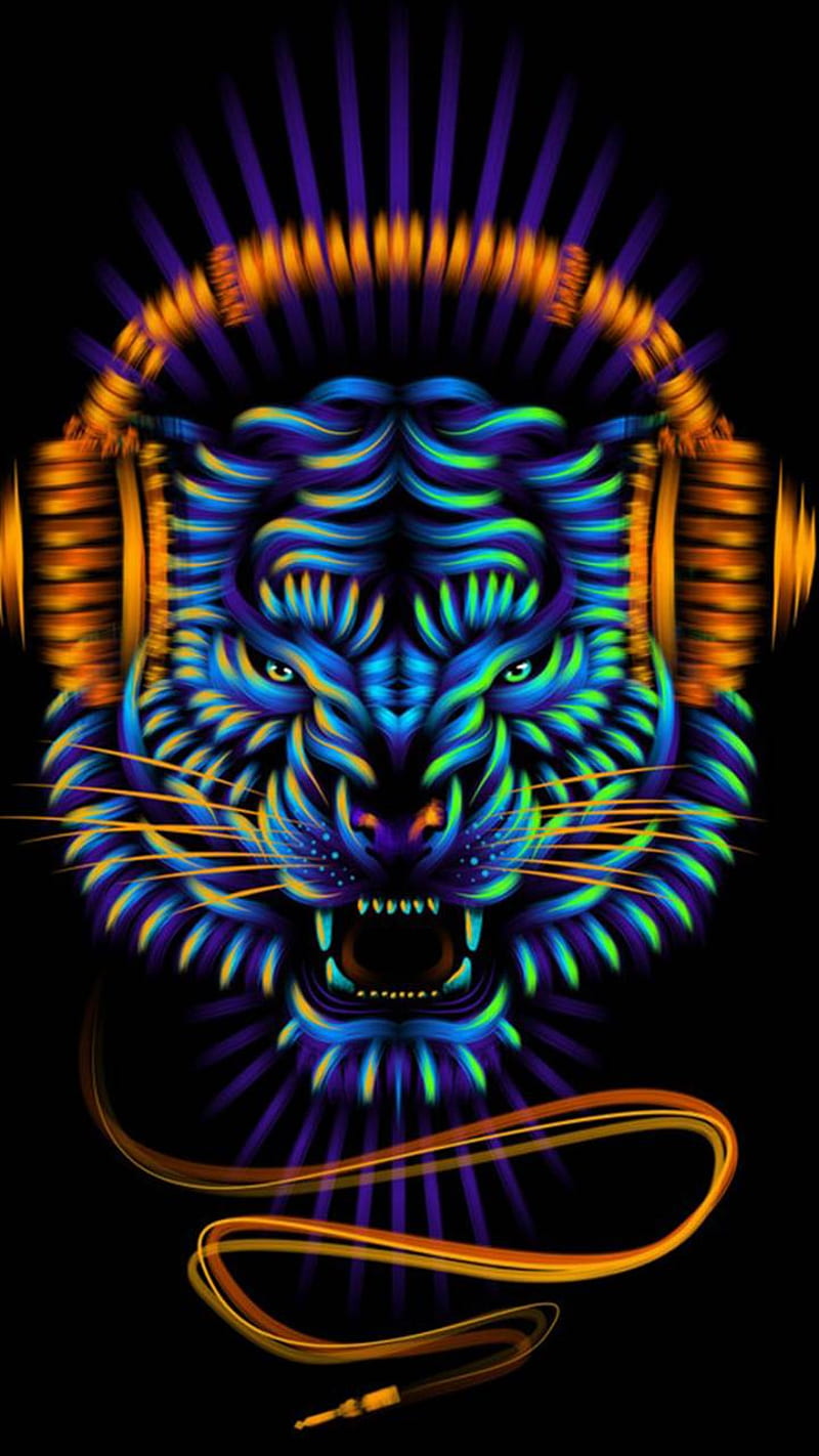 Neon Tiger, music, headphones, HD phone wallpaper