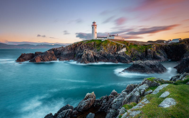 lighthouse, evening, sunset, coast, bay, rocks, Ireland, HD wallpaper