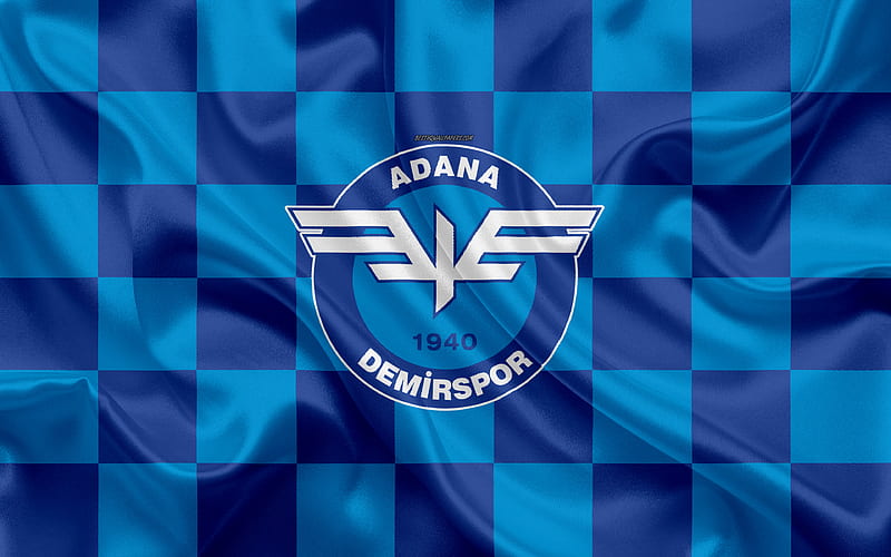 Adana Demirspor logo, creative art, blue checkered flag, Turkish football club, Turkish 1 Lig, emblem, silk texture, Adana, Turkey, football, HD wallpaper