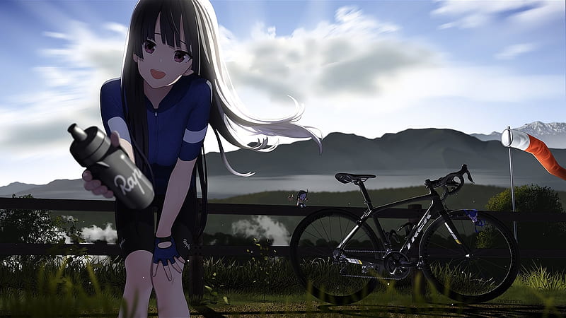 anime girl, bicyclist, water, long hair, purples eyes, smiling, cute, Anime, HD wallpaper