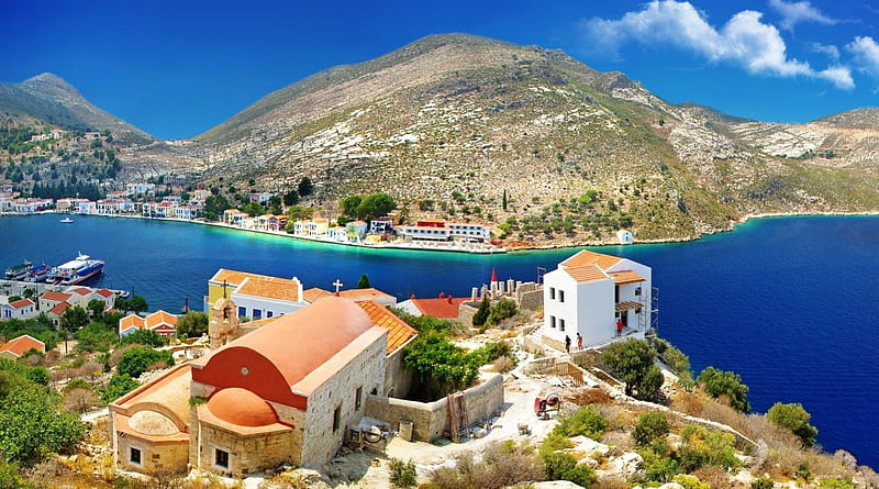 beautiful colors in a greek village, colors, village, church, hill, harbor, HD wallpaper