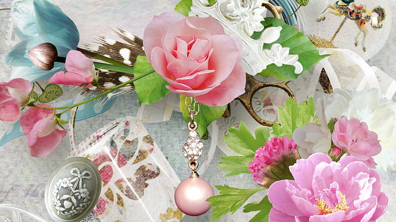 Just a Bit Romantic, chain, romantic, roses, peonies, feather, flowers, pearls, brooch, vintage, HD wallpaper