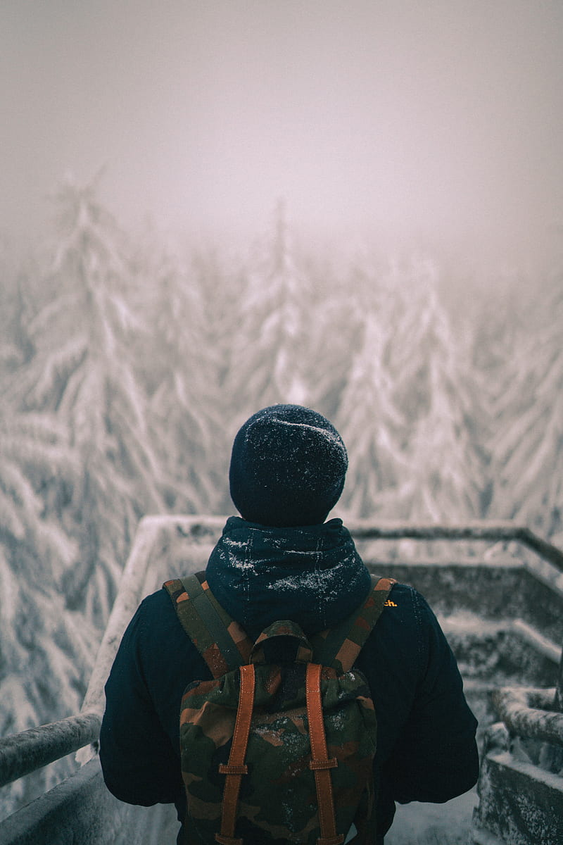 man, backpack, snow, winter, nature, HD phone wallpaper
