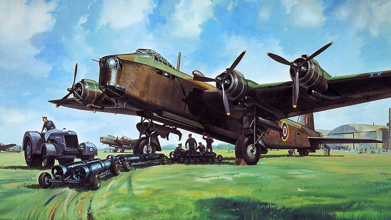 Arming the Stirling, world, art, guerra, british, ww2, bombs, short, stirling, airplane, plane, wwii, drawing, painting, bomber, HD wallpaper