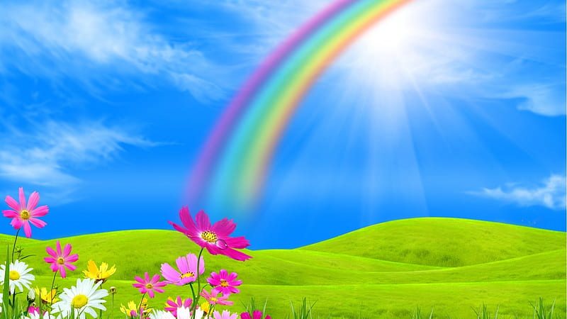 Spring background, Rainbow, Trees, Landscape, Field, Flowers, Nature, HD wallpaper