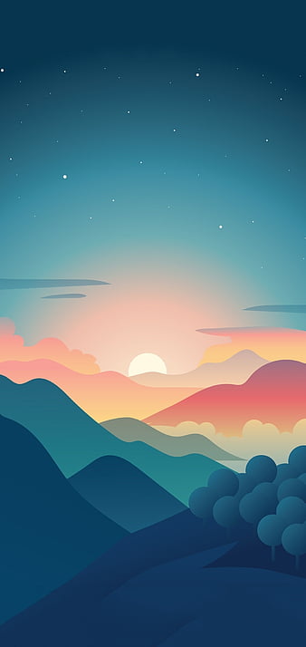 Minimal, colorful, mountain, sun, sunset, HD phone wallpaper