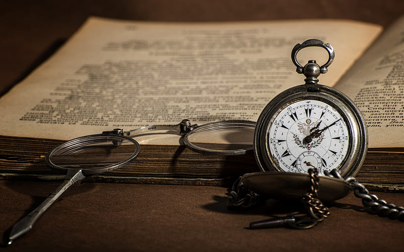 old pocket watch, Old book, old reading glasses, retro things, vintage things, HD wallpaper
