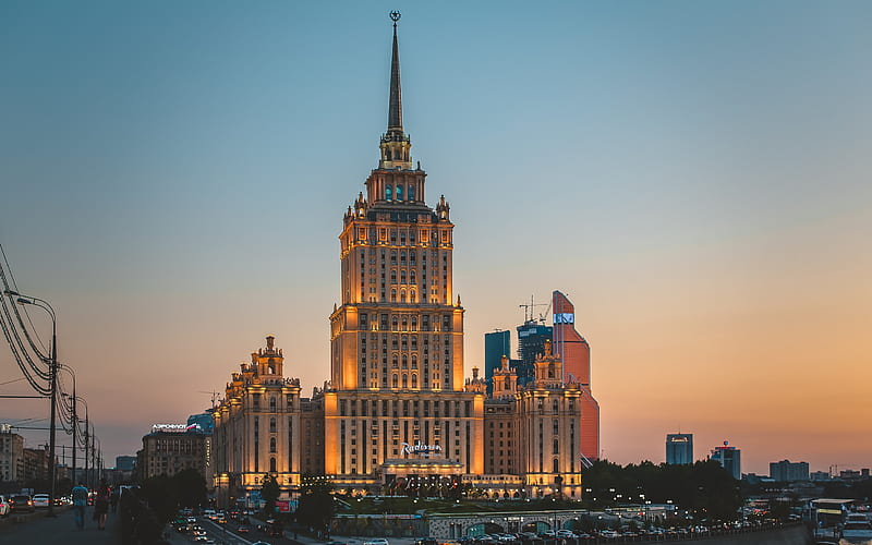 Hotel Ukraine, Moscow, Russia, evening, five-star hotel, Kutuzovsky prospect, Moksva river, sunset, HD wallpaper