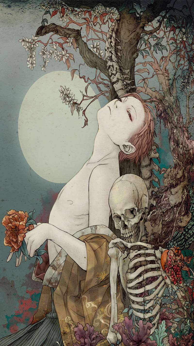 LoveNDeath, art, cartoon, flower, love, skull, universe, HD phone ...