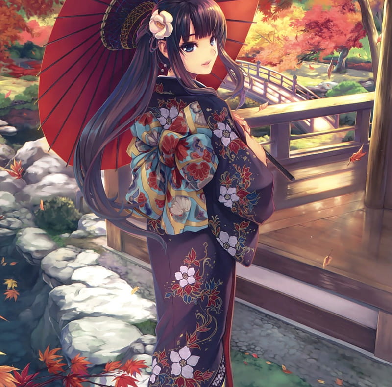 Kimono girl, pretty, bonito, girl, anime, umbrella, kimono, HD wallpaper |  Peakpx