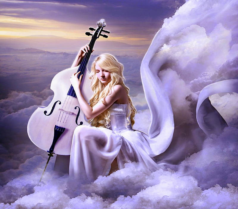 ~Cello Music of Cloud~, softness beauty, digital art, clouds, hair, fantasy, beautiful girls, manipulation, girls, butterfly designs, light, models, Cello, music, colors, love four seasons, creative pre-made, sky, weird things people wear, backgrounds, lady, HD wallpaper
