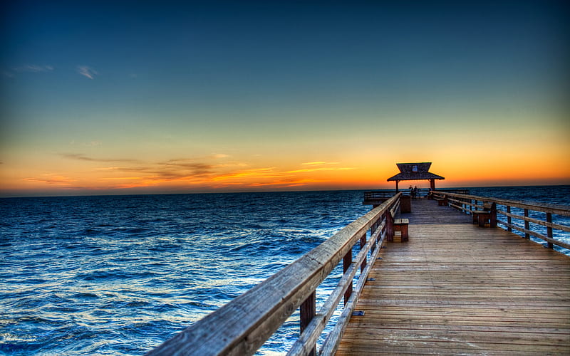 Blue Sea, scenic, bonito, sunset, clouds, sea, splendor, bridge, beauty, sunrise, blue, lovely, view, ocean, pier, colors, bench, waves, sky, benches, peaceful, nature, walk, HD wallpaper